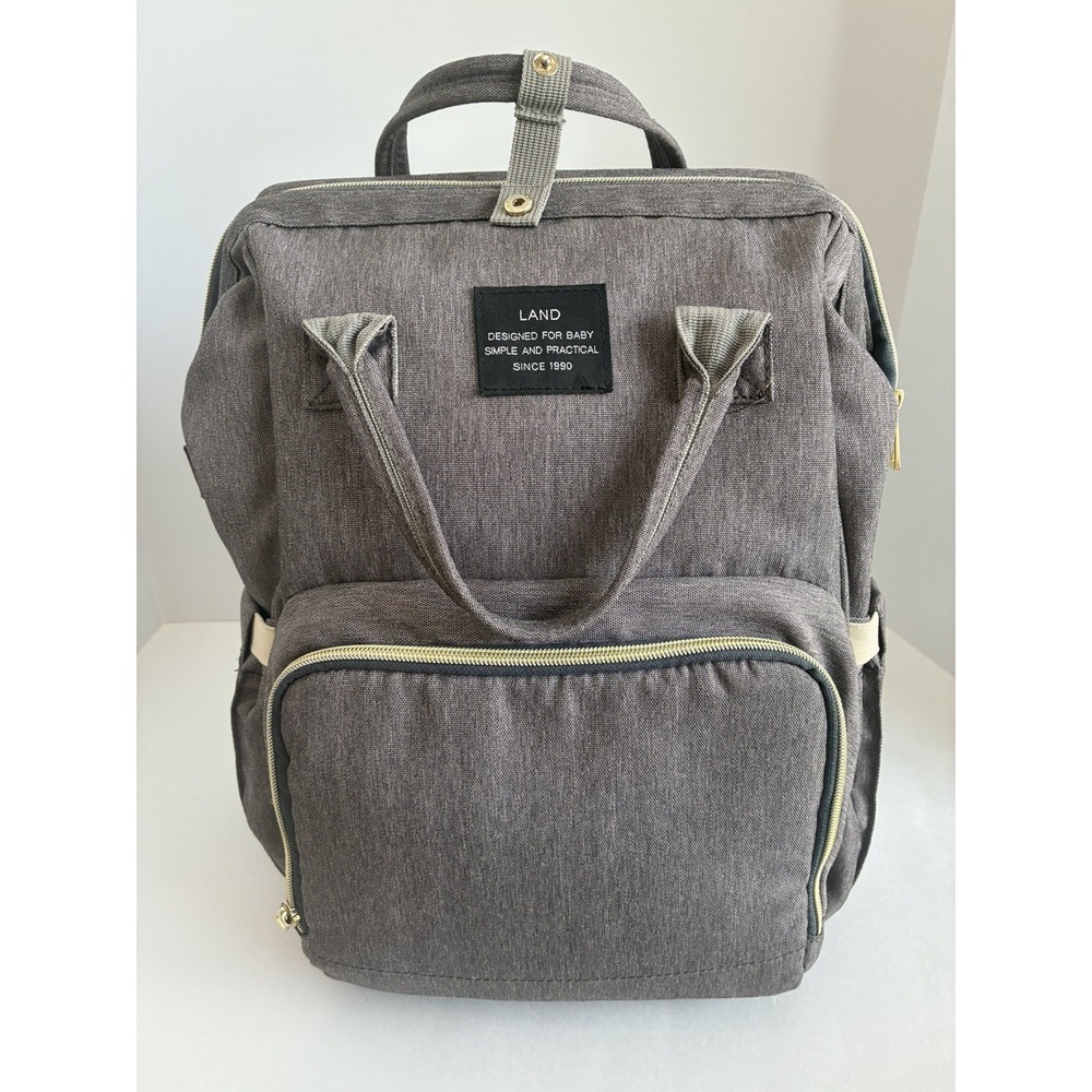 LAND~ Designed for Baby Gray Backpack Diaper Bag Exterior Interior Zipper Pocket